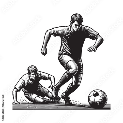 Dynamic soccer duel a player maneuvers past an opponent in woodcut style