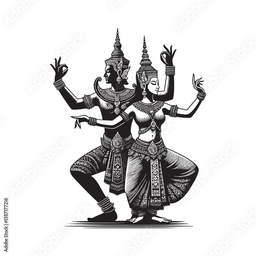 Elegant Cambodian Apsara Dancers Showcasing Traditional Hand Gestures in Detailed Woodcut Style