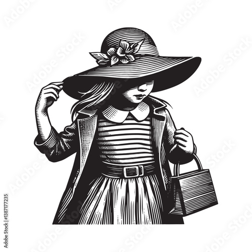 Elegant little girl accessorizing her outfit with a floppy hat in woodcut style