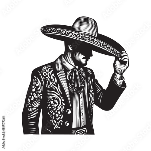 Elegant Charro Tipping Hat in Detailed Woodcut Style Illustration