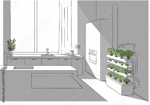 Modern kitchen with vertical hydroponic garden. Clean, minimalist design with large window and stainless steel appliances. Ideal for healthy living concepts.