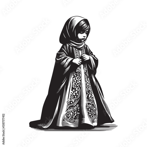 Elegant monochrome portrait of a girl in traditional abaya attire artwork