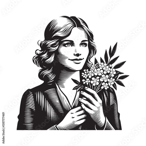 Elegant portrait of a woman holding blossoms in woodcut style art