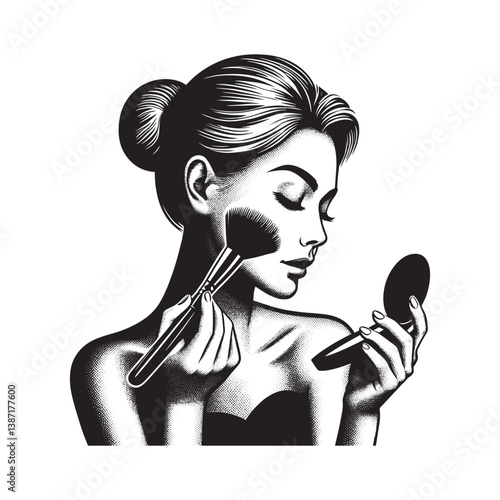 Elegant woman applying blush with kabuki brush in stylized woodcut aesthetic
