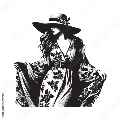 Elegant woman in floral maxi dress and wide-brimmed hat, woodcut style