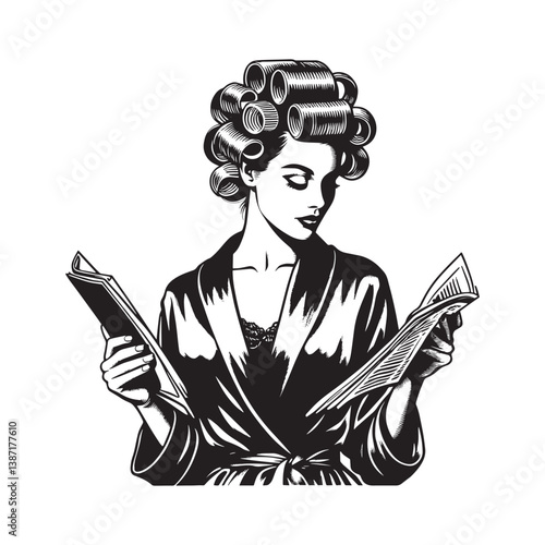 Elegant woman in satin robe and hair rollers engrossed in magazine reading