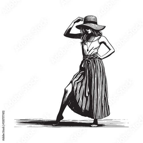 Elegant Woman in Maxi Skirt and Straw Hat in Black and White Woodcut Style
