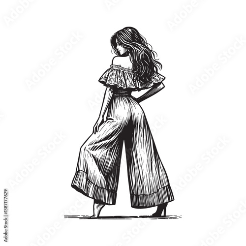 Elegant woman in off-shoulder top and flowy palazzo pants stylish woodcut