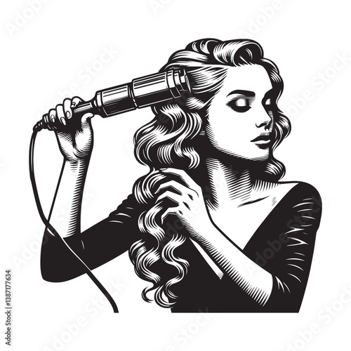 Elegant woman styling her hair with curling iron in a classic woodcut style