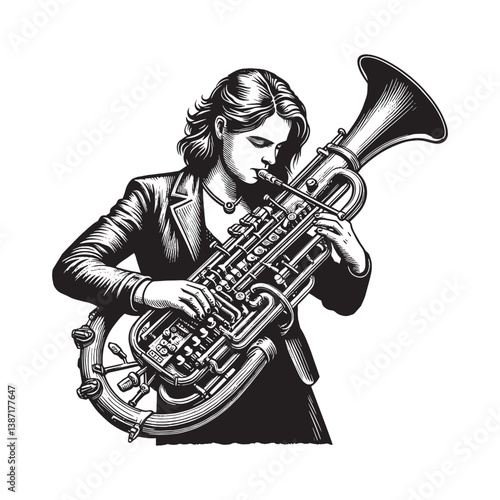 Elegant woman playing intricate electric bassoon in grayscale drawing