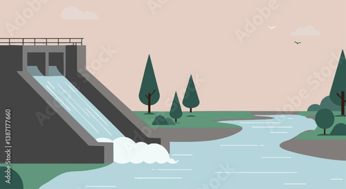A stylized illustration depicts a dam with a cascading waterfall flowing into a river. Peaceful landscape with trees and a clear sky. Ideal for environmental themes.