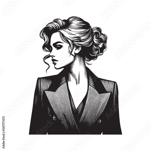 Elegant woman portrait in blazer dress with updo hairstyle monochrome style