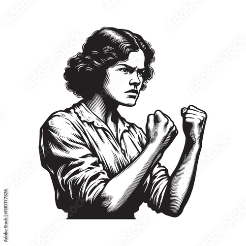 Empowered woman with clenched fists in a vintage woodcut style illustration