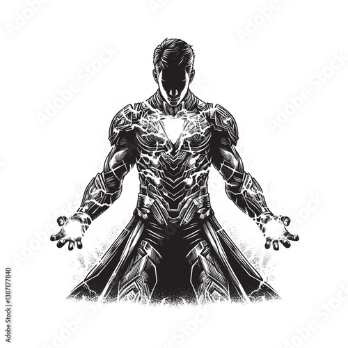 Empowered figure in ornate armor wielding luminous energy in monochrome artistry