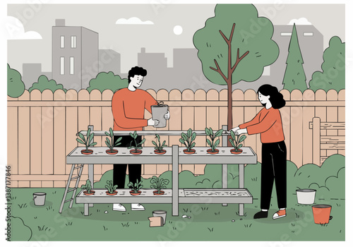 Two young adults tend to seedlings in a raised garden bed. A sunny day, green foliage, and a wooden fence create a peaceful, collaborative scene. Ideal for lifestyle and gardening concepts.