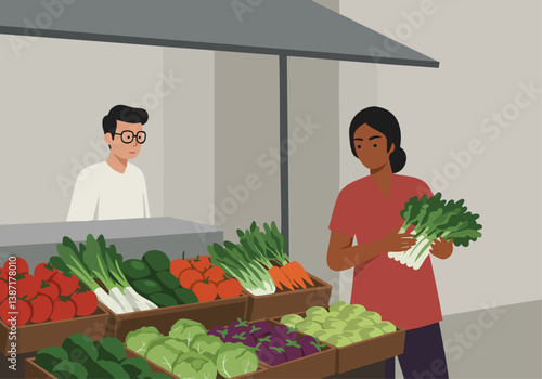 A woman selects fresh produce at a farmers market. A man stands nearby. Bright colors, wooden crates, and a sunny atmosphere create a vibrant scene.