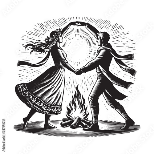Enchanting solstice celebration a couple,s dance around a bonfire in woodcut style