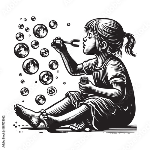 Enchanting Woodcut Illustration A Child,s World of Bubbles and Imagination