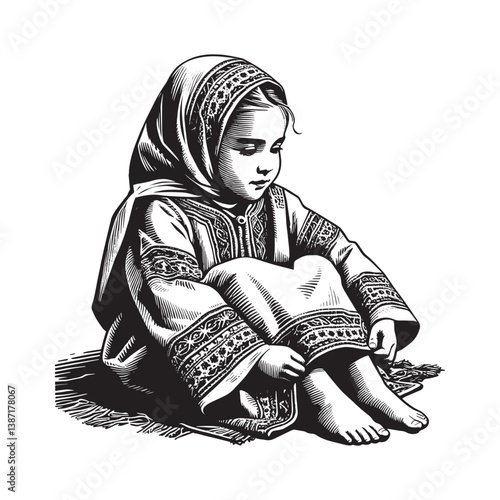Enchanting Woodcut Illustration of a Young Girl in Traditional Moroccan Attire