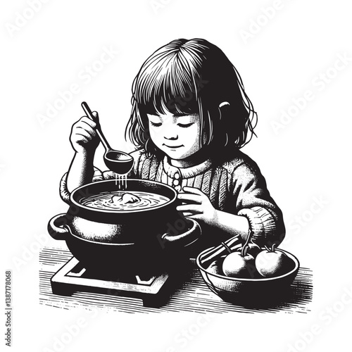 Enchanting woodcut depiction of a young girl enjoying a comforting hot pot meal