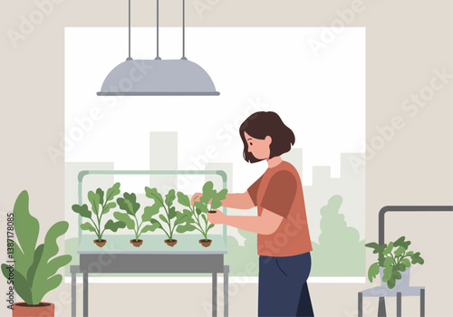 A woman tends to leafy greens in a bright, modern indoor greenhouse. She's casually dressed, focused on her plants. Clean, inviting, and perfect for lifestyle or gardening concepts.