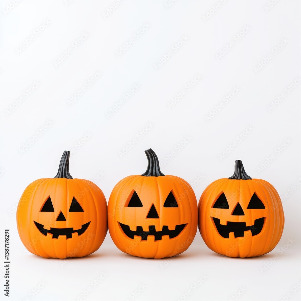 Three Bright Orange Jack-o'-Lanterns with Traditional Carved Faces in a Minimalist Halloween Setting Three Bright Orange Jack-o'-Lanterns with Traditional Carved Faces in a Minimalist Halloween Setting