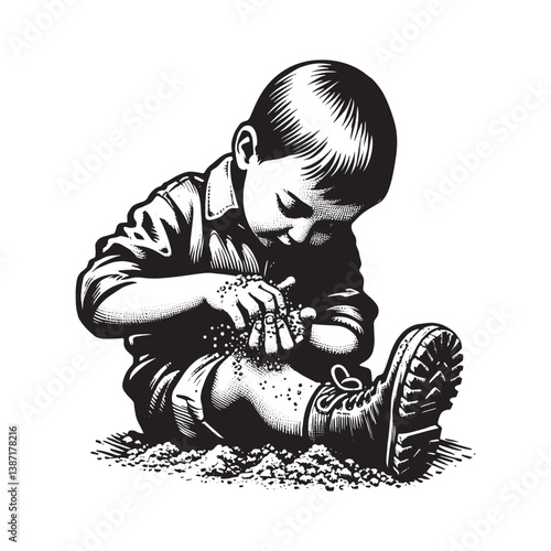 Engraved depiction of child examining dirt under fingernails with boot