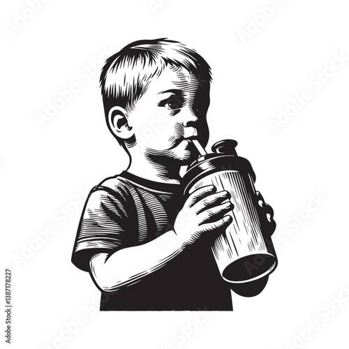 Engraved illustration depicting a child drinking from a protein shake bottle
