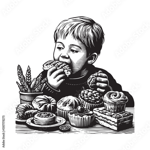 Engraved illustration of a boy indulging in an array of bakery sweets