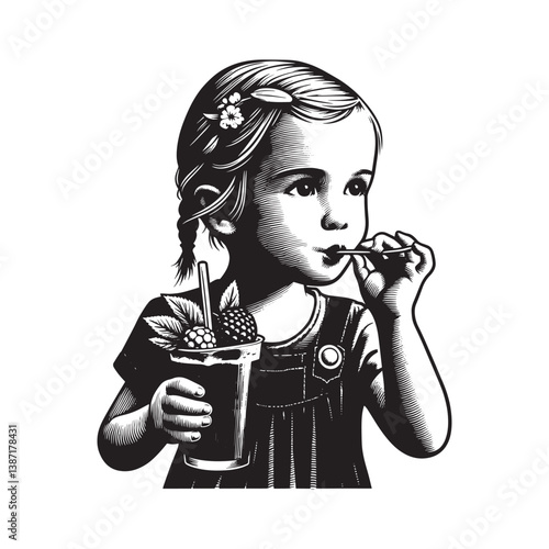 Engraved illustration of a girl enjoying a refreshing berry spritzer beverage