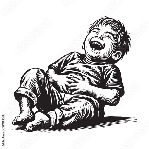Engraved illustration of a gleeful young boy holding stomach laughing