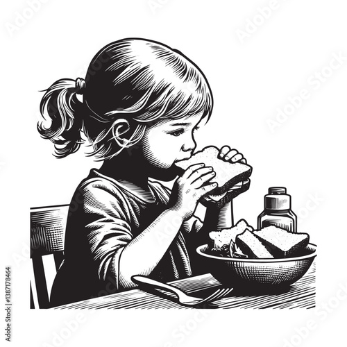 Engraved illustration of a girl enjoying a sandwich at lunch time
