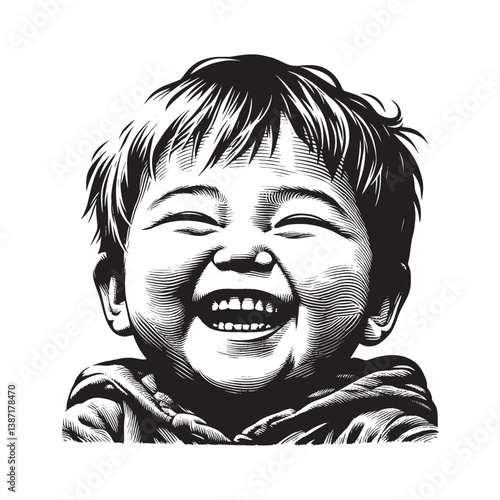 Engraved illustration of a laughing child radiating pure joy in black and white