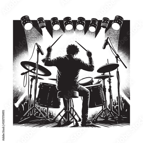 Energetic drummer performing on illuminated stage rendered in woodcut style