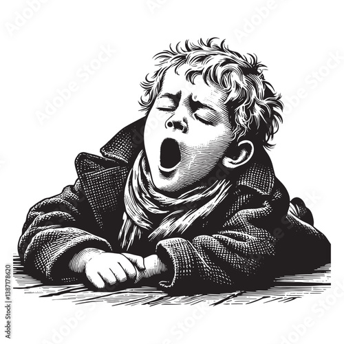 Engraved illustration of a young boy yawning while trying to stay awake