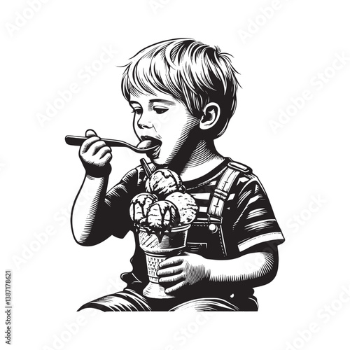 Engraved illustration of a young child delighting in an ice cream sundae
