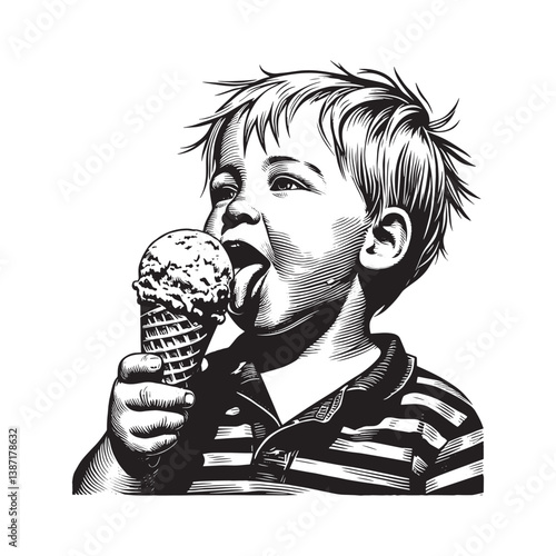 Engraved illustration of a young child devouring a scrumptious ice cream cone
