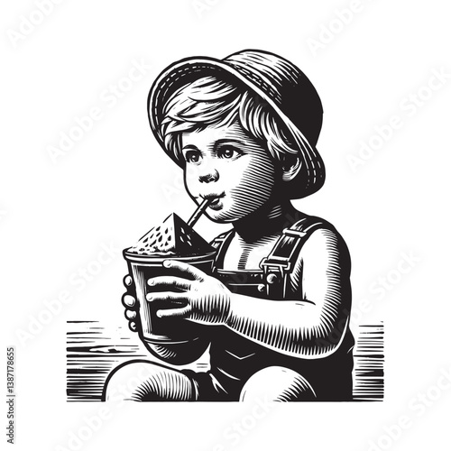 Engraved illustration of a young child enjoying watermelon slushie outdoors