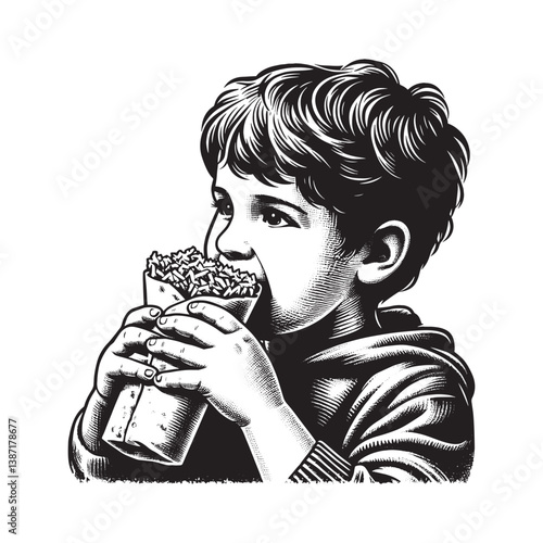 Engraved illustration of boy enjoying a falafel wrap with relish and enthusiasm