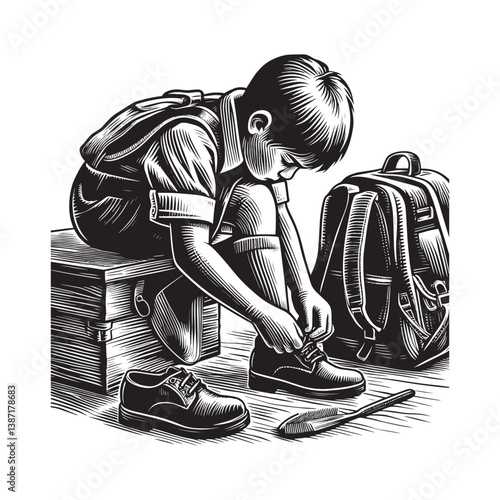 Engraved illustration of a young student lacing shoes preparing for school day