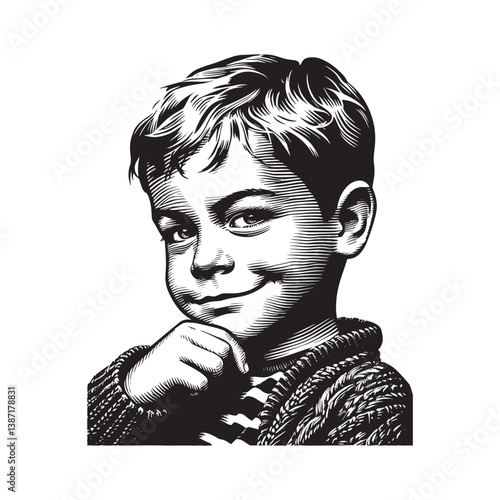 Engraved portrait of a cunning young boy with a mischievous grin