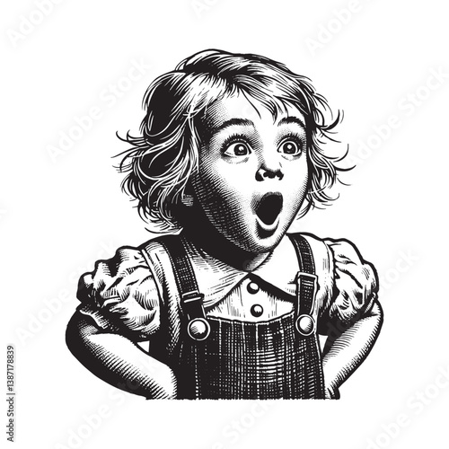 Engraved portrait of a surprised girl with wide eyes and open mouth