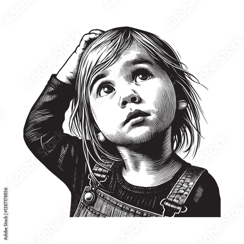 Engraved portrait of a thoughtful little girl with inquisitive expression