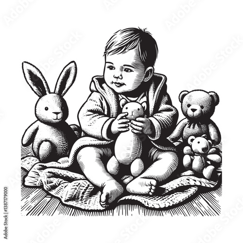 Engraving illustration of a baby surrounded by plush toys on soft blanket