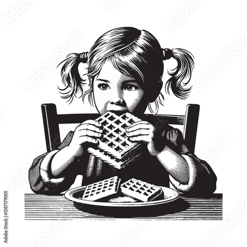 Engraving illustration of a girl enjoying waffles for her morning meal