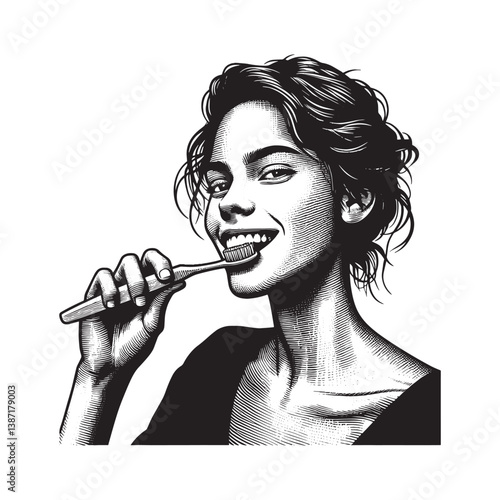 Engraved woman brushing teeth for oral hygiene daily wellness routine