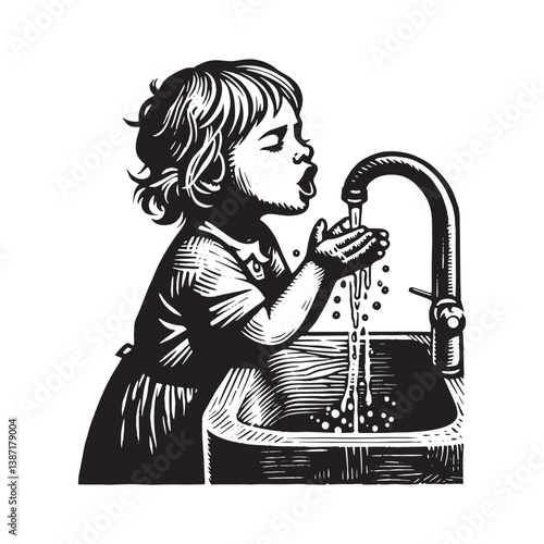 Engraving illustration of a child washing hands while singing happily