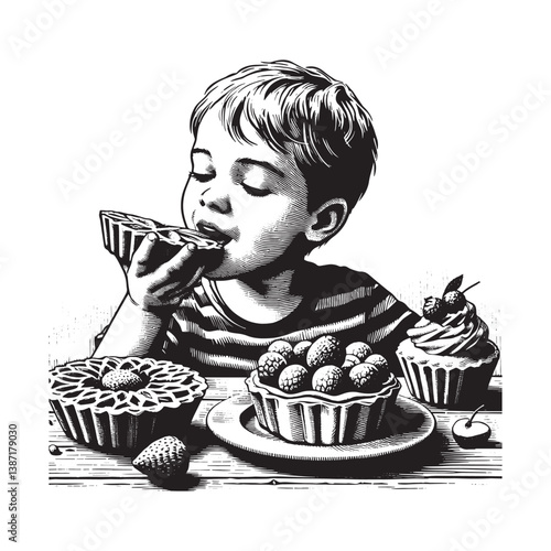 Engraving Style Depiction of a Boy Enjoying an Array of Fruit Tarts
