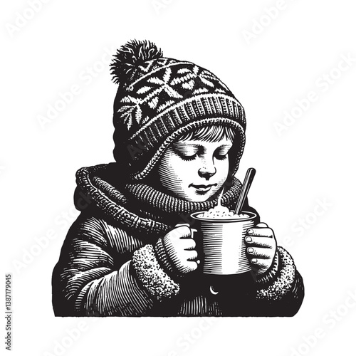 Engraving style illustration of a child enjoying warm beverage in winter