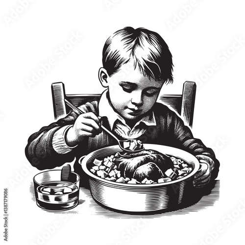 Engraving style image of a young boy enjoying a hearty pot roast meal alone